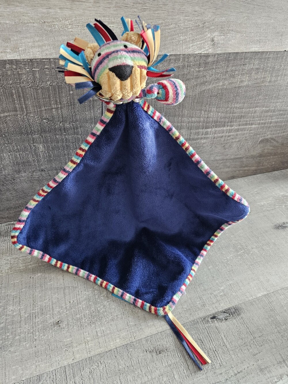 Jellycat Lion Plush Baby Lovey Ribbon Security Blanket Dark Navy Blue Jungle